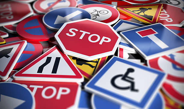 Road or Traffic Signs Perspetive view of numerous french traffic road signs. Concept image for background, 3D illustration road sign stock pictures, royalty-free photos & images