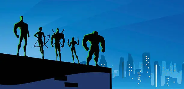 Vector illustration of Superheroes Team at night in big city
