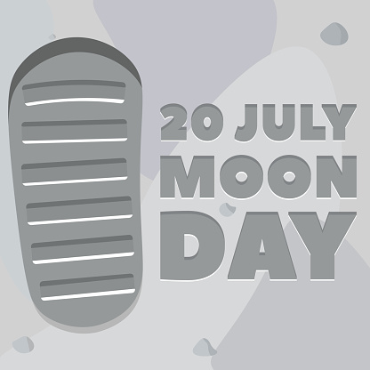Moon day poster. Footprint, lunar soil. Vector, eps10.