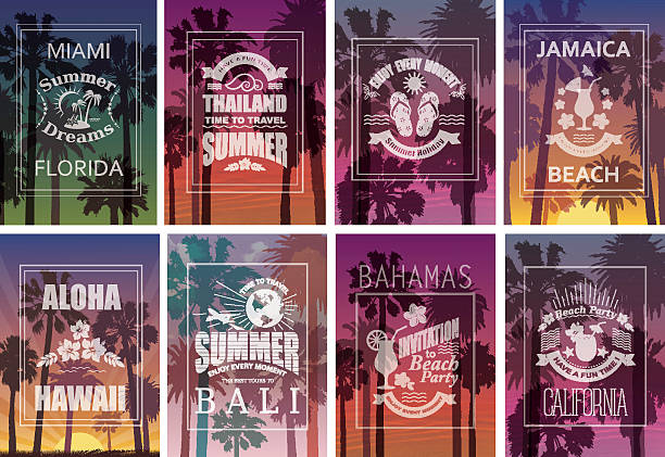 Exotic Travel Backgrounds with Palm Trees. Exotic Travel Backgrounds with Palm Trees. Vector Set of Banners. beach fashion stock illustrations