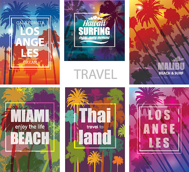 stockillustraties, clipart, cartoons en iconen met exotic travel backgrounds with palm trees . - tropical surf