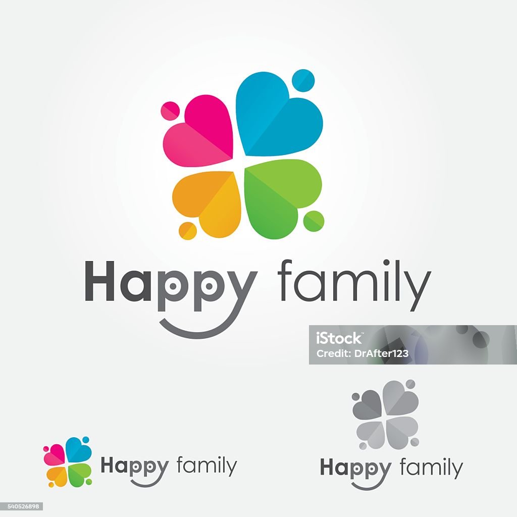 Happy Family Four Leaf Clover Logo Vibrant logo concept made from four leaf clover representing a happy family. File includes color vertical and horizontal logo layout and grayscale vertical logo version. According to tradition four leaf clover bring good luck. In addition, each leaf is believed to represent something: the first is for faith, the second is for hope, the third is for love, and the fourth is for luck. Four Leaf Clover stock vector