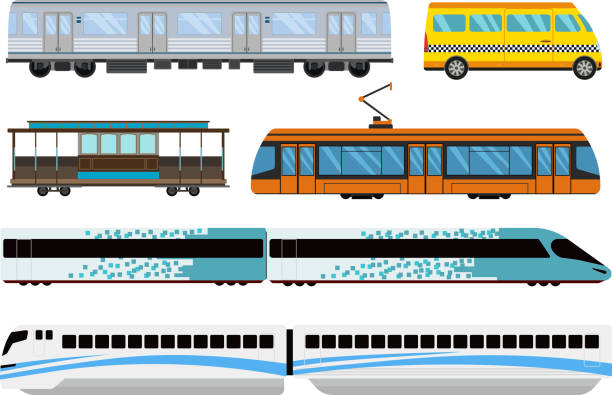 illustrazioni stock, clip art, cartoni animati e icone di tendenza di impostare di illustrazione vettoriale trasporto della città. - treno pendolare