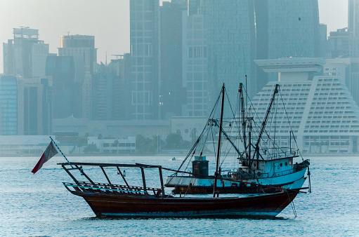 Dhows in the harbor of Doha, Qatar, West Bay view