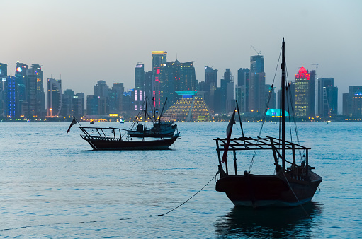 Dhows in the harbor of Doha, Qatar, West Bay view