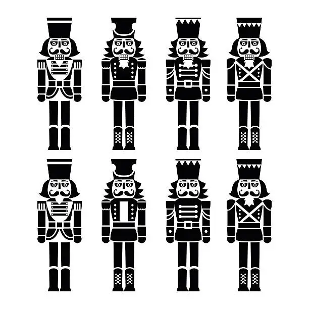 Vector illustration of Christmas nutcracker - soldier figurine black icons set