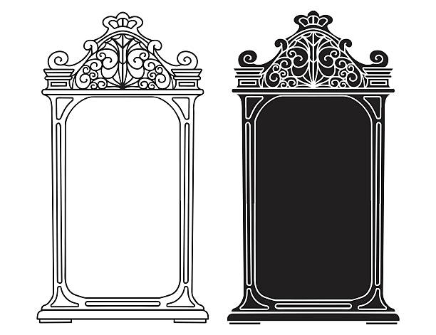Hand drawn vintage frames for mirrors set Hand drawn vintage frames for mirrors set with carved pattern, line art, black silhouette closeup isolated on white background. Design element, space for text, clipart - vector artwork mirror object borders stock illustrations