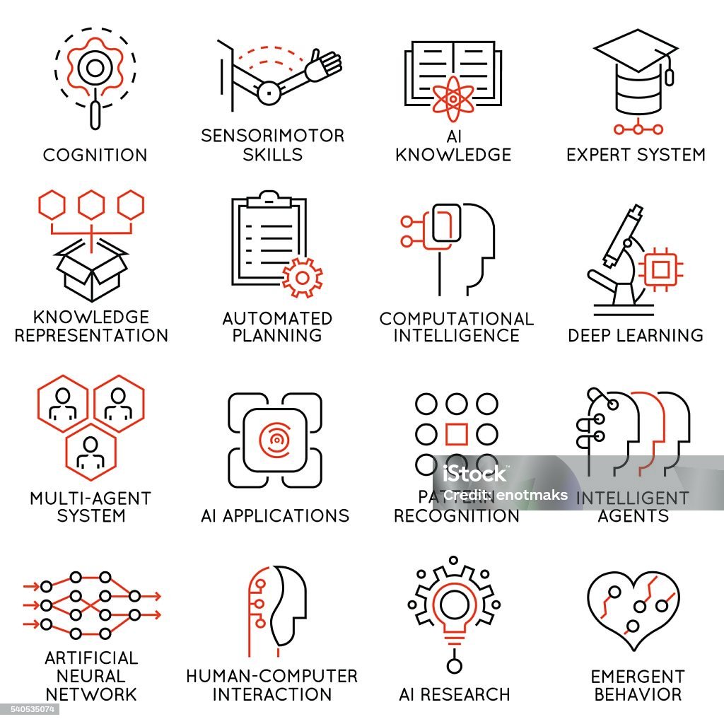 Artificial intelligence and data science - part 2 Vector set of 16 thin icons related to artificial intelligence and data science. Mono line pictograms and infographics design elements - part 2 Icon Symbol stock vector