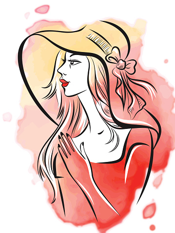 Portrait on young girl in a wide-brimmed hat. Hand drawn vector illustration. Digital watercolor background.