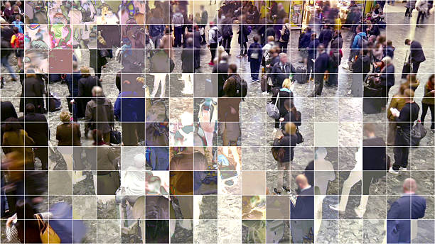 Mosaic pixelated waiting people. Crowd of people many using smart phones with a mosaic digitized effect. pixelated photos stock pictures, royalty-free photos & images