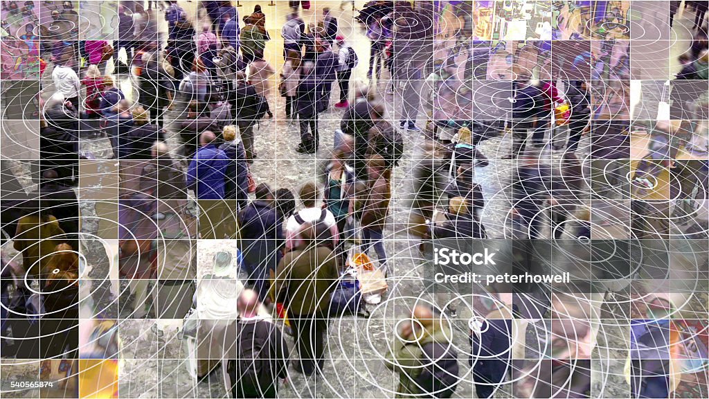 Mosaic pixelated waiting people with radio waves. Crowd of people with a mosaic digitized effect and radio waves from smart phones. Surveillance Stock Photo