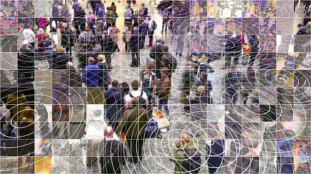 Mosaic pixelated waiting people with radio waves. Crowd of people with a mosaic digitized effect and radio waves from smart phones. electromagnetic photos stock pictures, royalty-free photos & images