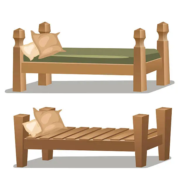 Vector illustration of Single wooden bed. Interior items in cartoon style