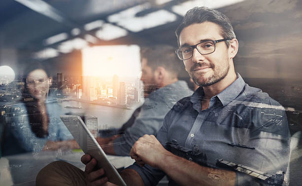 Carving his own career path Multiple exposure shot of businesspeople in an office superimposed on a cityscape group of people wearing eyeglasses stock pictures, royalty-free photos & images