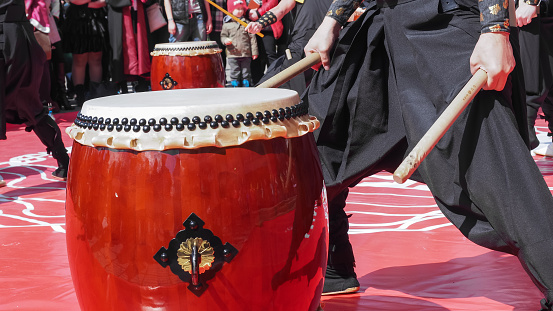 Moscow, Russia - April 24, 2016:  Musicians play drums outdoors. Hinode Fest in Moscow