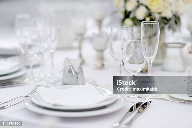 Table Set For An Event Party Or Wedding Reception Stock Photo - Download Image Now - Table, Wedding, White Color