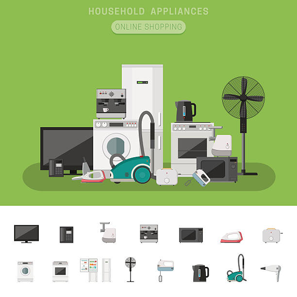 Electronics flat banner Electronics banner with icons microwave, coffee machine, washing machine, etc. Household appliances vector flat icons. electronics stock illustrations