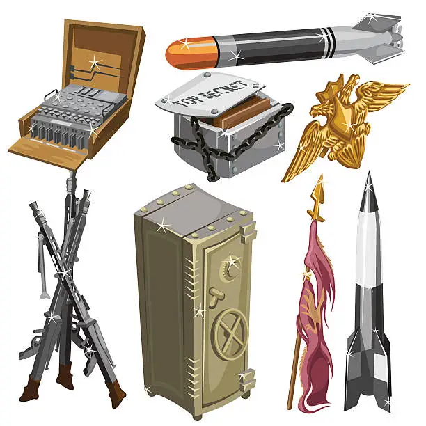 Vector illustration of Rocket, flag, weapons, and other isolated objects