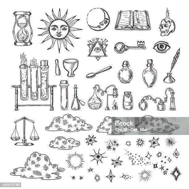 Set Of Trendy Vector Alchemy Symbols Collection Isolated On White Stock Illustration - Download Image Now