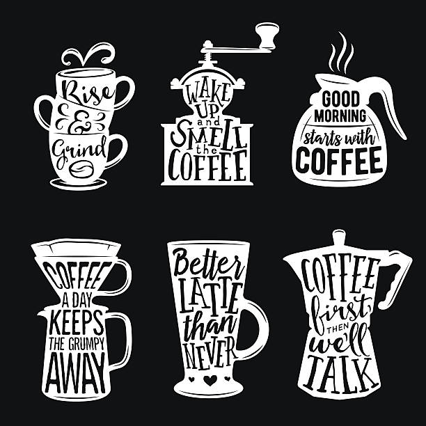 ilustrações de stock, clip art, desenhos animados e ícones de conjunto de café com tipografia. vintage ilustrações vetoriais. - grinding