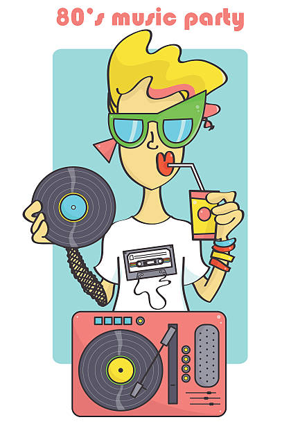 illustrazioni stock, clip art, cartoni animati e icone di tendenza di dj girl in stile anni '80 - girl sunglasses 80s