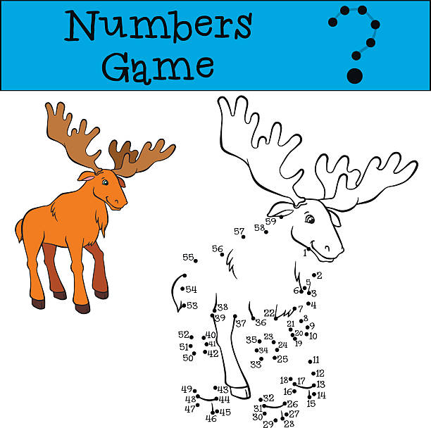 Numbers game. Cute elk. Educational games for kids: Numbers game. Cute elk with huge horns smiles. how to draw a moose drawing stock illustrations