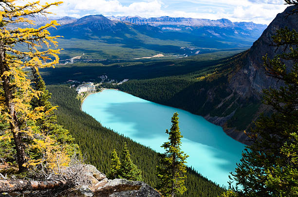 lake louise com vista do grande colmeia no outono, montanhas rochosas canadenses - lago louise - fotografias e filmes do acervo