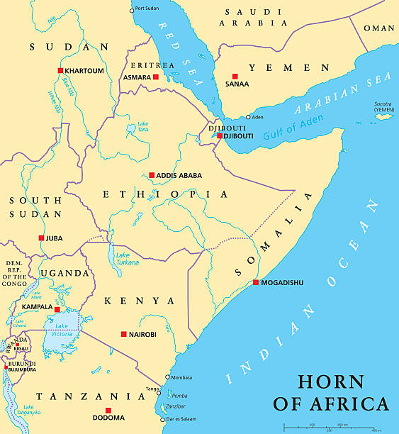 Horn of Africa Political Map Horn of Africa peninsula political map with capitals, national borders, important cities, rivers and lakes. In ancient times called Land of the Berbers. English labeling and scaling. Illustration. uganda stock illustrations
