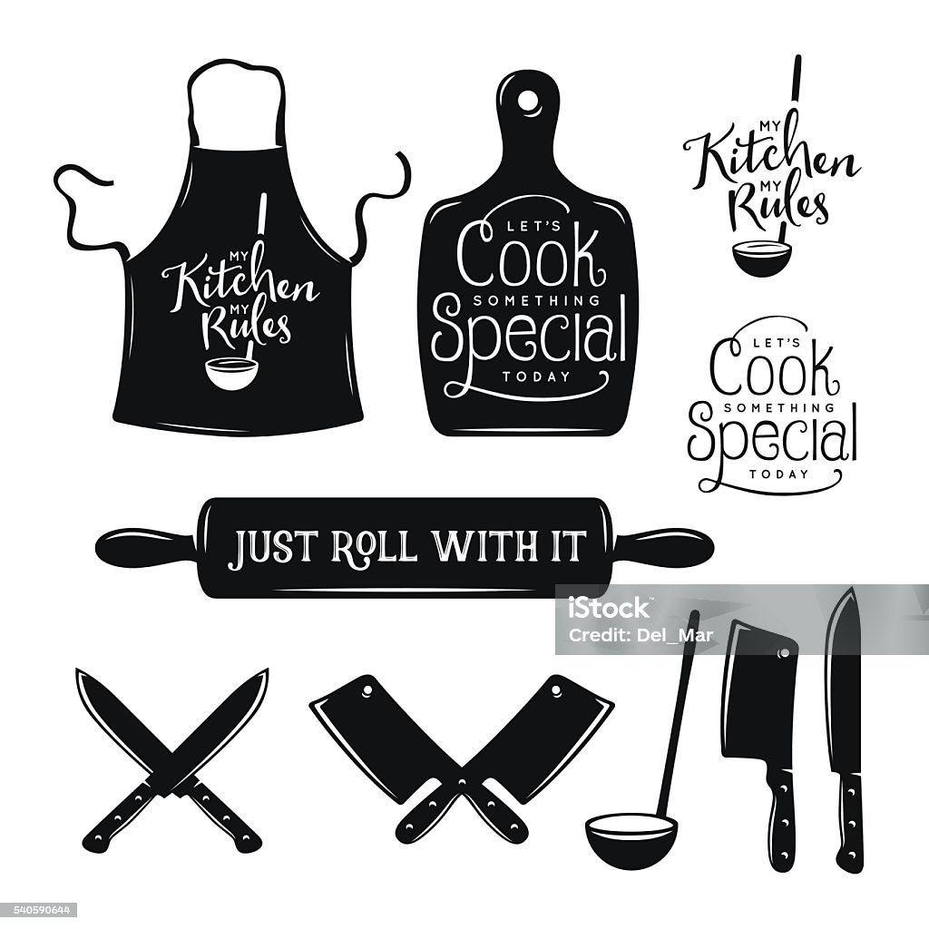 Kitchen related typography set. Quotes about cooking. Vintage vector illustration. Kitchen related typography set. Quotes about cooking. My kitchen, my rules. Just roll with it. Lets cook something special. Vintage vector illustration. Cutting Board stock vector