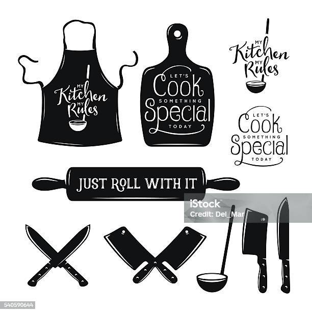 Kitchen Related Typography Set Quotes About Cooking Vintage Vector Illustration Stock Illustration - Download Image Now