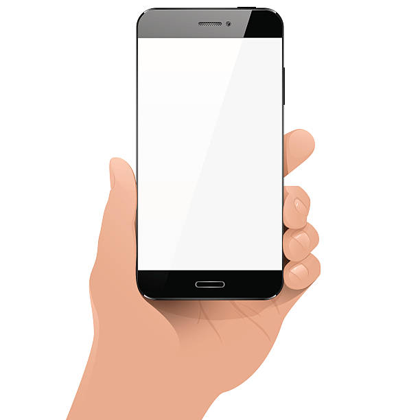 With smart phone in hand A hand holding a black smart phone with a blank screen on white background hand holding phone stock illustrations