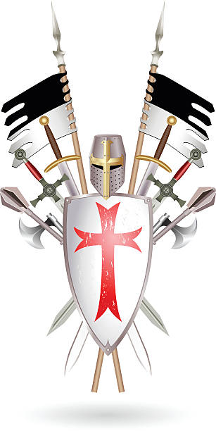 Templar's Meele weapon Outfit Templar: shield, sword, two-handed sword, ax, mace, helmet, standard. Colored vector illustration, made in the form of a coat of arms on white. knights templar stock illustrations