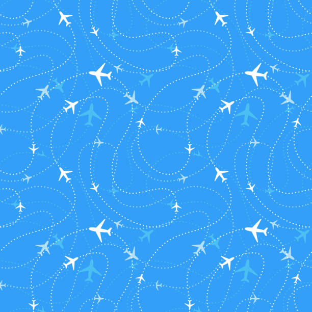 ilustraciones, imágenes clip art, dibujos animados e iconos de stock de las rutas aéreas, con avión en el cielo azul, patrón continuo - eco tourism