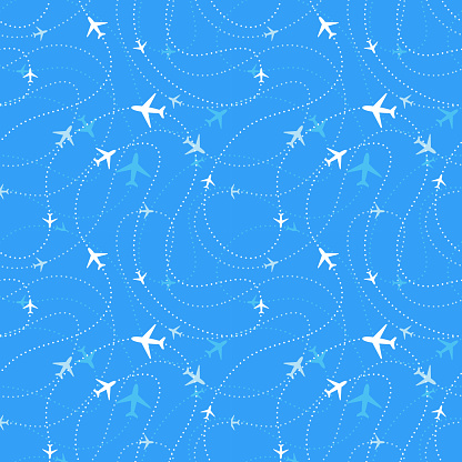 Airline routes with planes icons in blue skies, seamless pattern