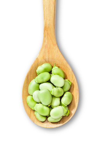 Wooden spoon with broad beans isolated on white background. DSRL studio photo taken with Canon EOS 5D Mk II and Canon EF 100mm f/2.8L Macro IS USM
