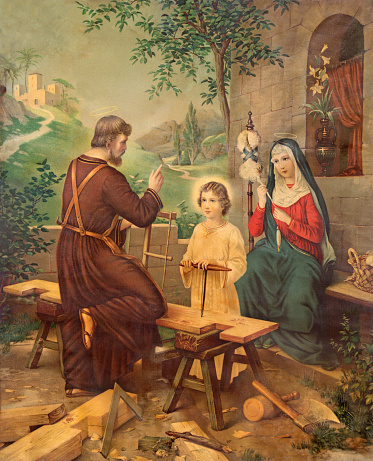 Sebechleby, Slovakia - July 27, 2015: Typical catholic image printed image of Holy Family from the end of 19. cent. printed in Germany originally by unknown painter.