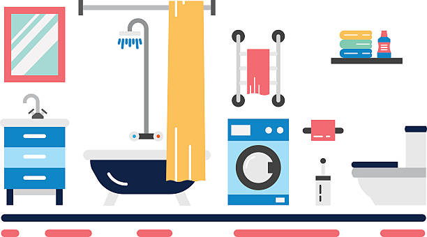 ilustraciones, imágenes clip art, dibujos animados e iconos de stock de interior vector de baño - bathroom home addition bathtub blinds