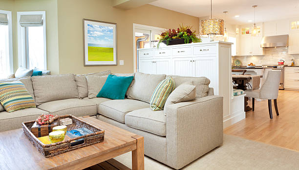 istock Open Concept Modern Family Room Den and Kitchen Design 540601436