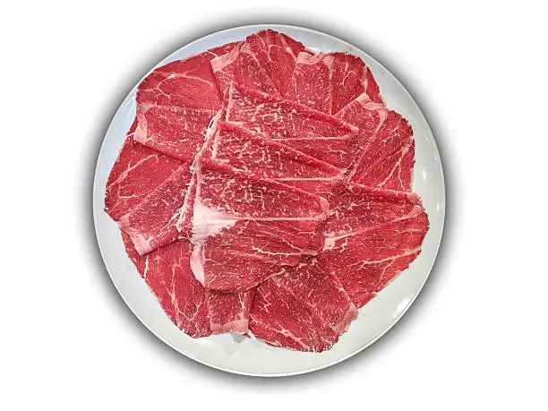 Isolated plate of wagyu A5 marble beef with white background