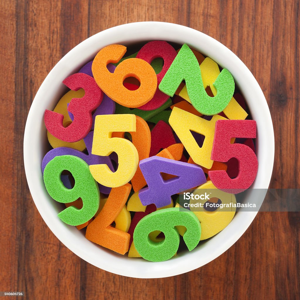 Foam numbers Top view of white bowl full of foam numbers Chance Stock Photo