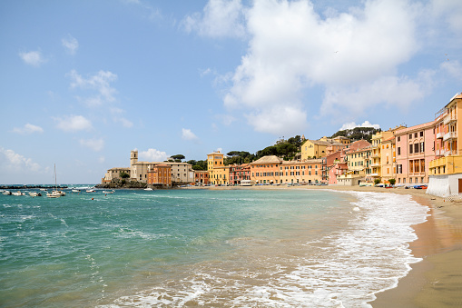 Sestri Levante, Liguria: Seaside with old town and beach Baia del Silenzio - Bay of Silence, Italy Europe