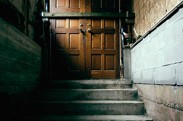 istock Barred Wooden Doors at Top of Steps 540607848