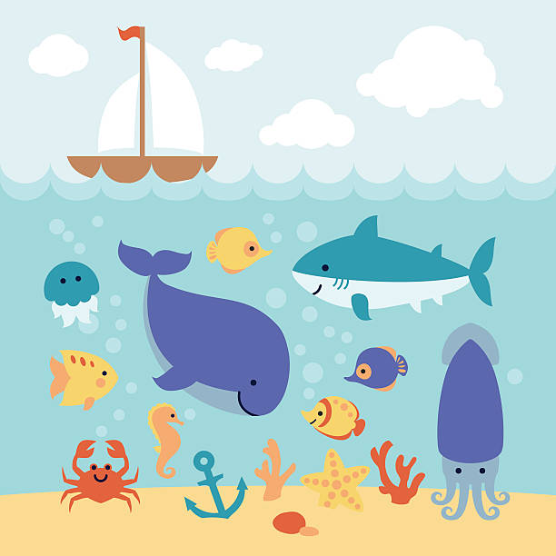 istock Cute cartoon animals swimming under the sea and boat. 540608228