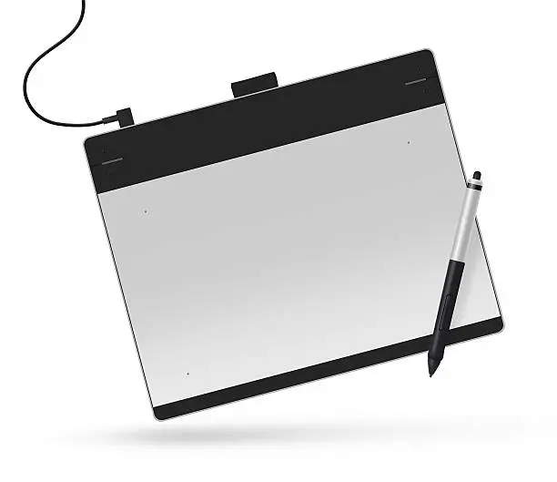 Graphic tablet with stylus illustration. Big picture of digitizer device with digital pen isolated on white. Creative draw tool for designers. Icon of tablet display near multimedia pencil sketching.