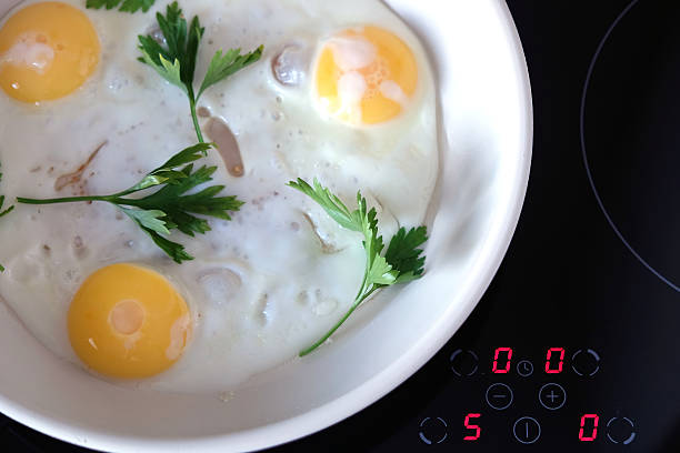Three appetizing fried eggs in pan