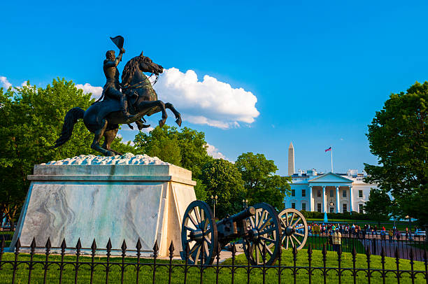 President and Major General Andrew Jackson sculpture across from the White House in Lafayette Square in Washington, DC. Sculpted by Clark Mills in 1853. Depicts Jackson on horseback from the Battle of New Orleans, last major battle of the War of 1812