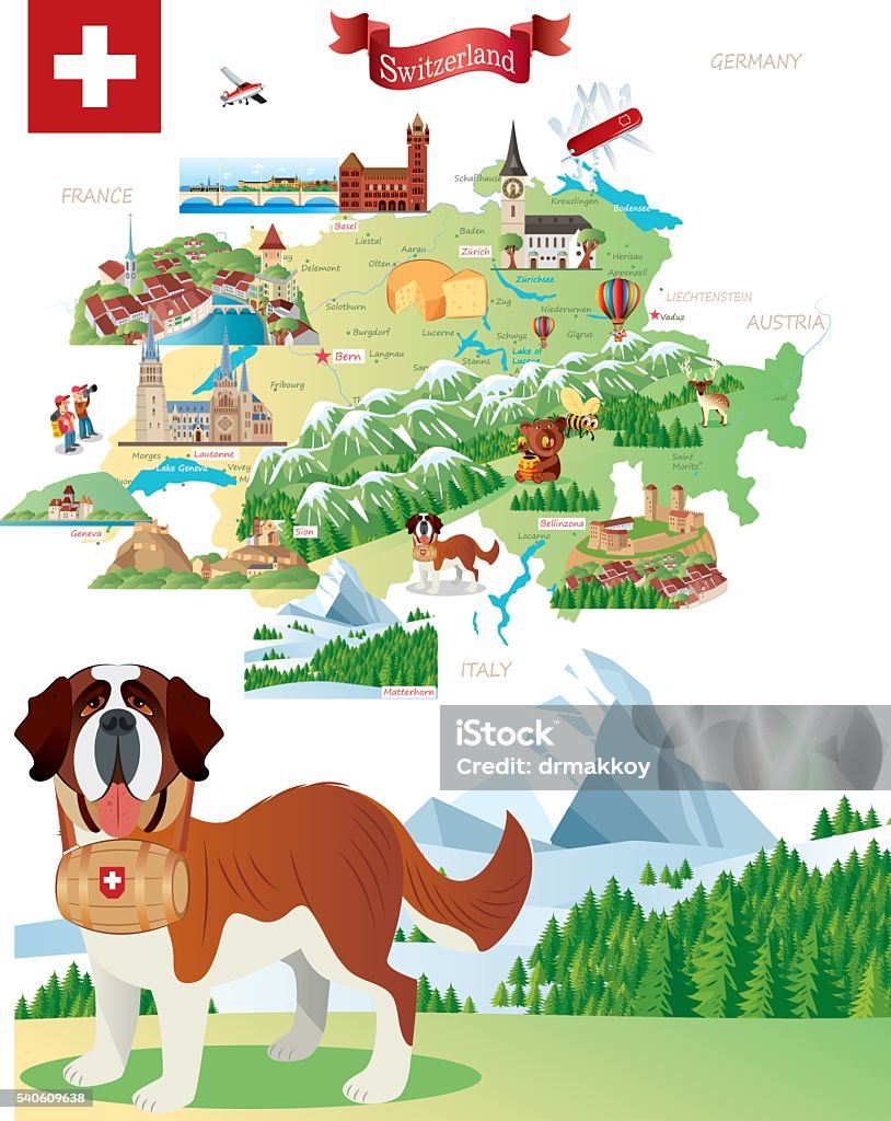 Cartoon map of Switzerland Saint Bernard stock vector