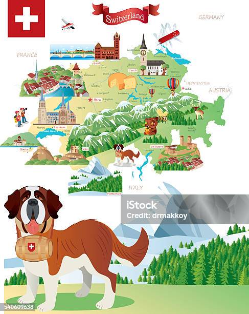 Cartoon Map Of Switzerland Stock Illustration - Download Image Now - Saint Bernard, Animal, Basel - Switzerland