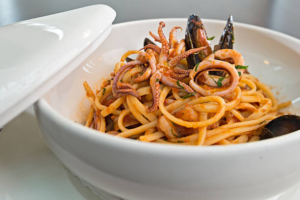 seafood pasta stock photo