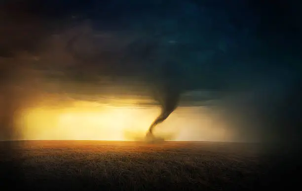 A tornado in a field at sunset.